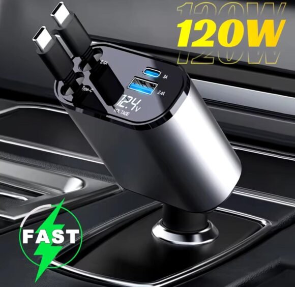 Cargador Auto USB 4 En 1 Con Cables Retractil - Imagen 2