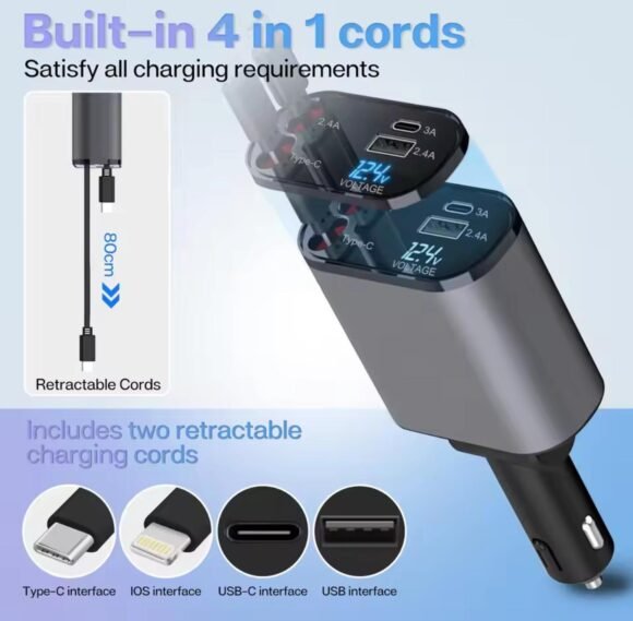 Cargador Auto USB 4 En 1 Con Cables Retractil - Imagen 3